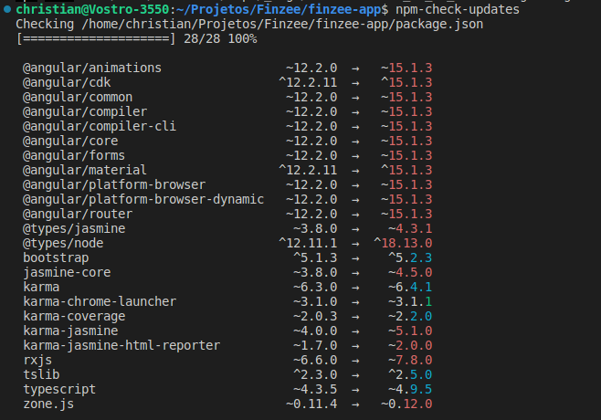 Imagens mostrando as atualizações de dependências  utilizando o npm-check-updates