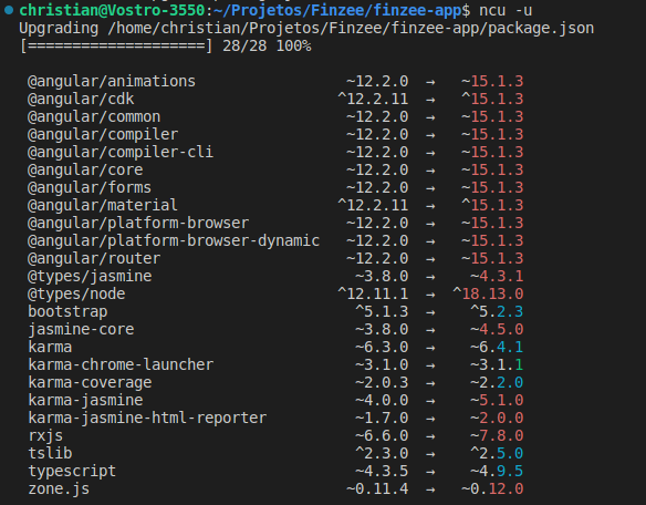 Imagem mostrando as dependências atualizadas utilizando o npm-check-updates
